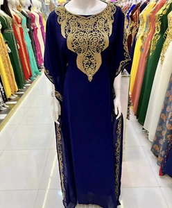 Royal Blue Kaftan Abaya Dress | Gold Embroidered Farasha Gown | Eid Wedding Wear - Picture 1 of 5