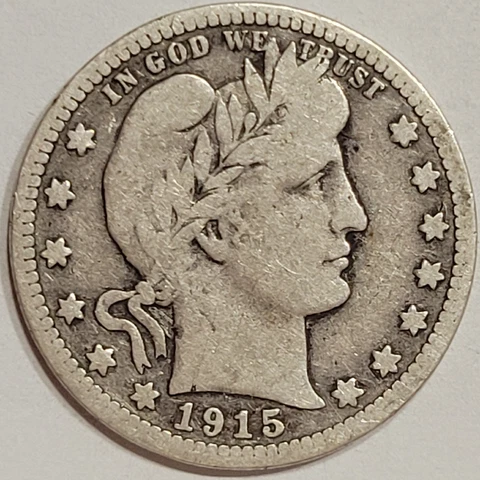 $  .25 1915-D Barber Quarter Dollar Full Date Full Rims Very Good Condition Z3 Cover