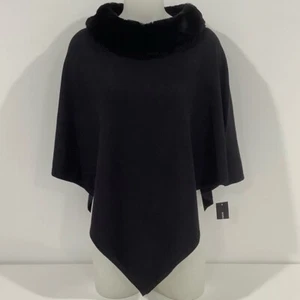 NWT Alfani Women’s Black Poncho With Faux Fur Collar Size Small/Medium - Picture 1 of 9