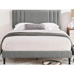DeCoro Chicago Modern Tufted Upholstered Platform Queen Size Bed Frame, Grey - Picture 1 of 11