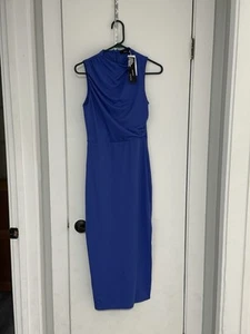 NWT Mirol Womens Dress Size S Blue High Neck Tight Fitting Long Maxi Slit Zip - Picture 1 of 5