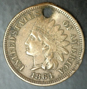 1864 L Indian Head Cent Bronze Hole Dark Damaged Circulated Condition Penny - Picture 1 of 2