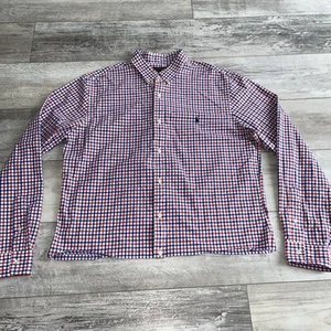 Ralph Lauren Shirt XL Red Blue White Gingham Plaid Button Up Slim *Cut/Cropped - Picture 1 of 10