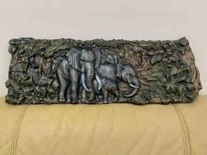Elephants Large Wood Carving Picture 3D Handmade Gift Panno Wall Decor - Picture 1 of 3