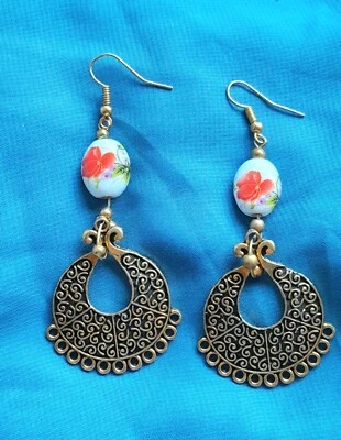 ORECCHINI FILIGRANA E PORCELLANA FLOREALE IN ARGENTO E ORO 23KT STILE PORTOGHESE - Immagine 1 di 4