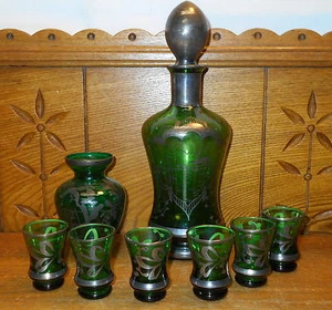 Antique Small Green Glass Silver Overlay Decanter & 6 Shot Glasses - Picture 1 of 12