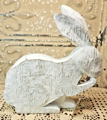 NWT Primitive White Distressed Bunny Rabbit Easter Spring Decor Carved Wood Look - Image 1 of 4
