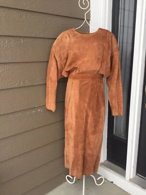 Vestido Mujer Vintage Años 80 Latón Ciruela Cuero Marrón Gamuza, Talla M Foto 1 de 4