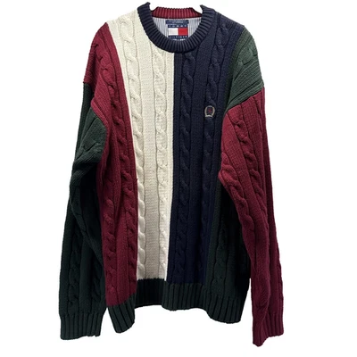 Suéter de punto con cable Tommy Hilfiger vintage para hombre L bloque de color rojo verde grueso Y2K Foto 1 de 4