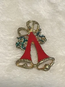 Campanelle di Natale smaltate rosse tono oro vintage con spilla agrifoglio spilla 1,75" - Foto 1 di 6