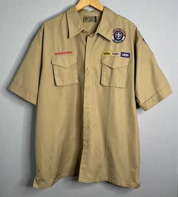 Boy Scouts of America BSA Uniform Tan Sewn Patches Shirt Men's Adult X-Large XL - Image 1 of 4