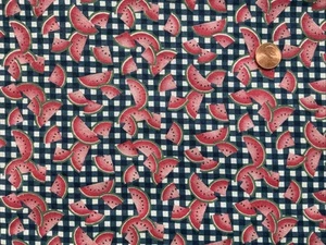 1 Yd 17” Vintage 1991 Fabric Traditions Red Watermelon on Blue Gingham Cotton - Picture 1 of 4