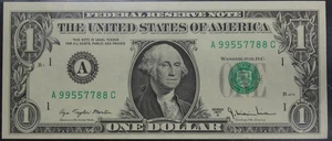 1977A 58PPQ Federal Reserve Boston 1$ Note, SN A99557788C, Fancy Serial - Picture 1 of 4