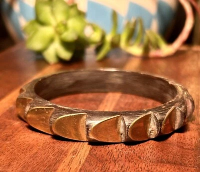 Teak And Brass Bangle Bracelet Geometric Design Retro Fashion Jewelry  Boho - Image 1 of 4