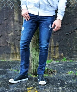 Etzo Men's Italian  Slim Skinny jeans, Premium distress ripped denim  (7696) - Imagen 1 de 2
