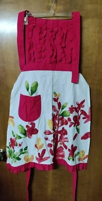 Etiqueta Rojo Fushia/Blanco Floral Delantal Cocina Bolsillo Volantes Foto 1 de 4