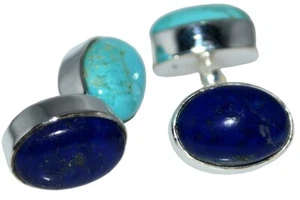 Blue Lapis and Turquoise Cufflinks in Sterling SILVER 925 chain 4 Gem CuffLink - Picture 1 of 5