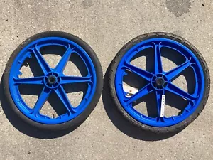Vintage 1980s BMX Mag Bike Wheel Rims by Grand Harvest 20” Old School Set Blue - Picture 1 of 19