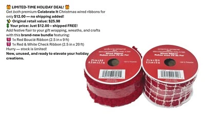 Festive Duo Bundle–2 New Wired Christmas Ribbons-Red Bouclé/Red-White - Image 1 of 4