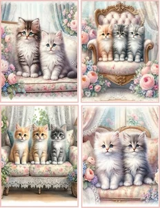 8 Cats Kitty Kittens Shabby Chic fantasy whimsical glossy blank fold out card - Picture 1 of 4