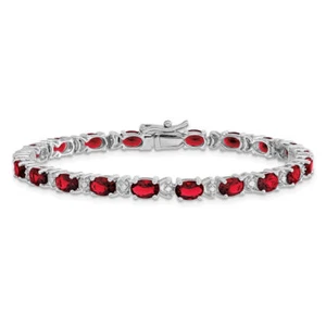 14K Solid White Gold Oval Lab Ruby Diamond Tennis Bracelet - Picture 1 of 12