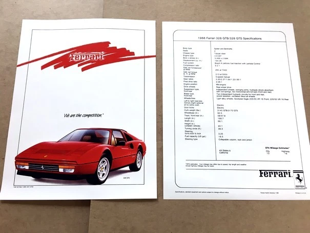 1988 Ferrari 328GTS 328GTB 328 1-page Original Sales Brochure Collectors Card Foto 1 de 1