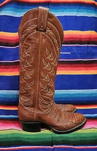 Vtg TONY LAMA Womens Tall Cowboy Boots Black Label Exotic Brown Lizard 4.5 B USA - Picture 1 of 10