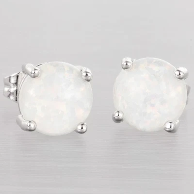 8mm Round White Fire Opal Cabochon Silver Jewelry Simple Stud Earrings - Image 1 of 4