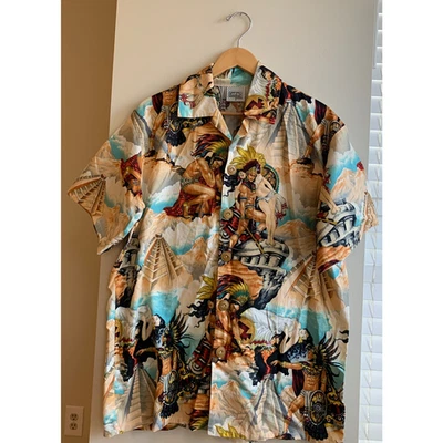 Aztec Mayan Warrior God Temple Unique Handmade Hawaiian Party Shirt Mens Medium - Image 1 of 4