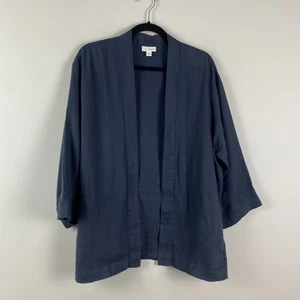 J. Jill Navy Blue Linen Blazer M Unstructured Open Front 3/4 Sleeves Lagenlook - Picture 1 of 10