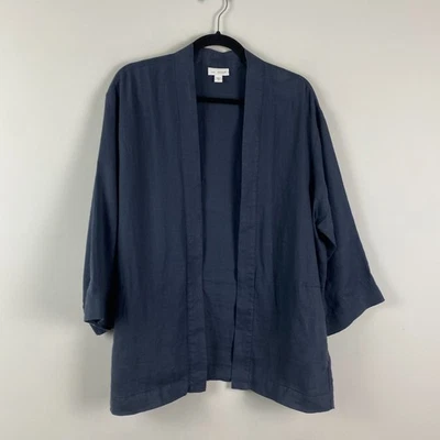 J. Jill Navy Blue Linen Blazer M Unstructured Open Front 3/4 Sleeves Lagenlook - Image 1 of 4