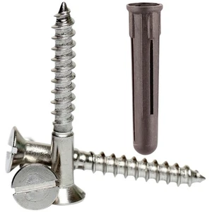 No10 5mm A2 Stainless Slotted Countersunk Wood Screws Plus Brown Wall Plugs Kit - Picture 1 of 37