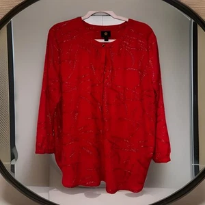 Woman’s Red Silver Blouse Career Size XL By JM Collection Vibrant Button sleeve - Picture 1 of 12