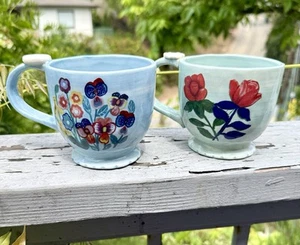 SET 2 Anthropologie Francesca Kaye MUGS Floral Motifs, Aqua, Handcrafted EUC - Picture 1 of 21