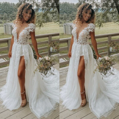 Beach Wedding Dresses Summer High Splited Sexy Deep V Neck Lace Bridal Gowns - Image 1 of 4