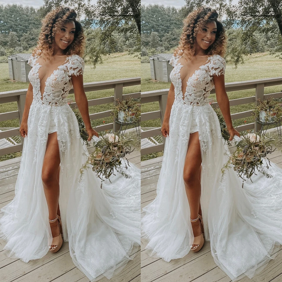 Beach Wedding Dresses Summer High Splited Sexy Deep V Neck Lace Bridal Gowns - Image 1 of 4