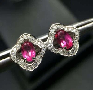 2.3ct Stud Earrings Natural Oval Ruby & Diamond Halo Design 14k Solid White Gold - Picture 1 of 13