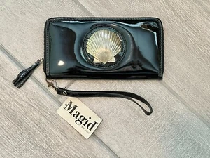 NWT Magid Clutch Wallet Wristlet Black Patent Leather with Gold Scallop Coastal - Picture 1 of 7