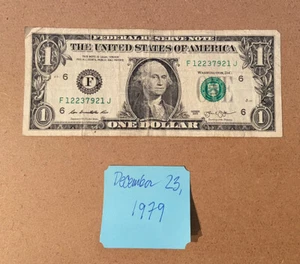 BIRTHDAY/ANNIVERSARY NOTE: December 23, 1979–Fancy Serial Number Circulated Bill - Picture 1 of 2
