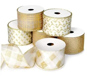 Gold Ribbon Wired Christmas Tree Ribbon 2.5 Inch Xmas Ribbons 6 Rolls 36 Yards - Picture 1 of 8