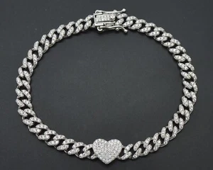 925 Sterling Silver Cuban heart Ladies Bracelet Iced Bling 19.4g 7" 7.5" 8" - Picture 1 of 5