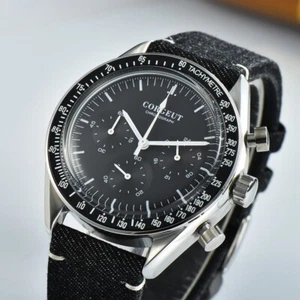 New 40mm corgeut black dial steel 24 hours quartz full chronograph mens watch - Picture 1 of 8