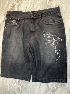 Vintage Jinzu Shorts Mens 42 Grey Denim Baggy Embroidered - Picture 1 of 10