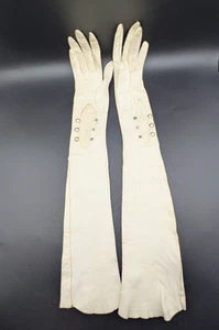 Guantes de ópera de cuero blancos para niños de colección talla 6 1/4 hechos en Francia 21" estampados por dentro - Imagen 1 de 10