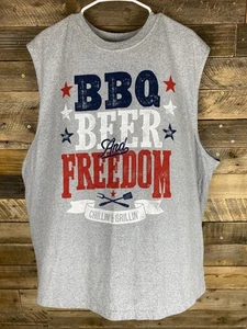 BBQ Beer And Freedom Mens Sz 3XL Gray Patriotic Sleeveless Tank Top - Picture 1 of 10