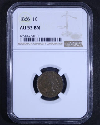 1866 Indian Head Cent - 1c NGC AU53 BN - Brown - Wholesome Example! - Image 1 of 4