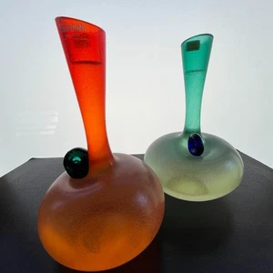 Barbini Murano Veneziano Arte Vetro Smerigliato Vaso Set di 2 Rosso e Verde Italia - Foto 1 di 12