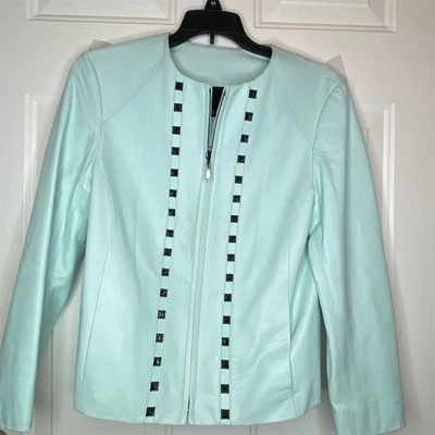 Chaqueta informal Carlisle para mujer talla 2 pequeña de cuero verde menta con cremallera Foto 1 de 4