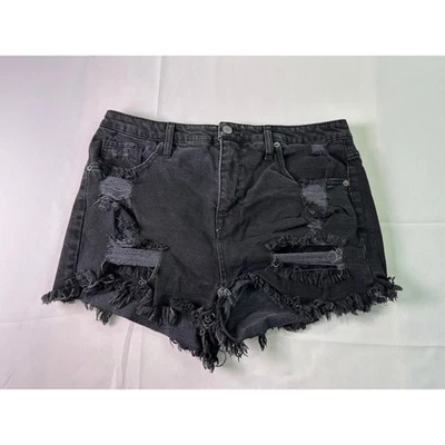 Шорты Mossimo из черной джинсовой ткани с высокой посадкой искусственно состаренные с потертым подолом размер 14 - Изображение 1 из 4