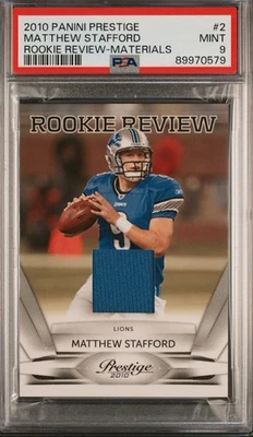 MATTHEW STAFFORD 2010 PRESTIGE ROOKIE REVIEW JERSEY DETROIT LIONS PSA 9 POP 2 - Image 1 of 2